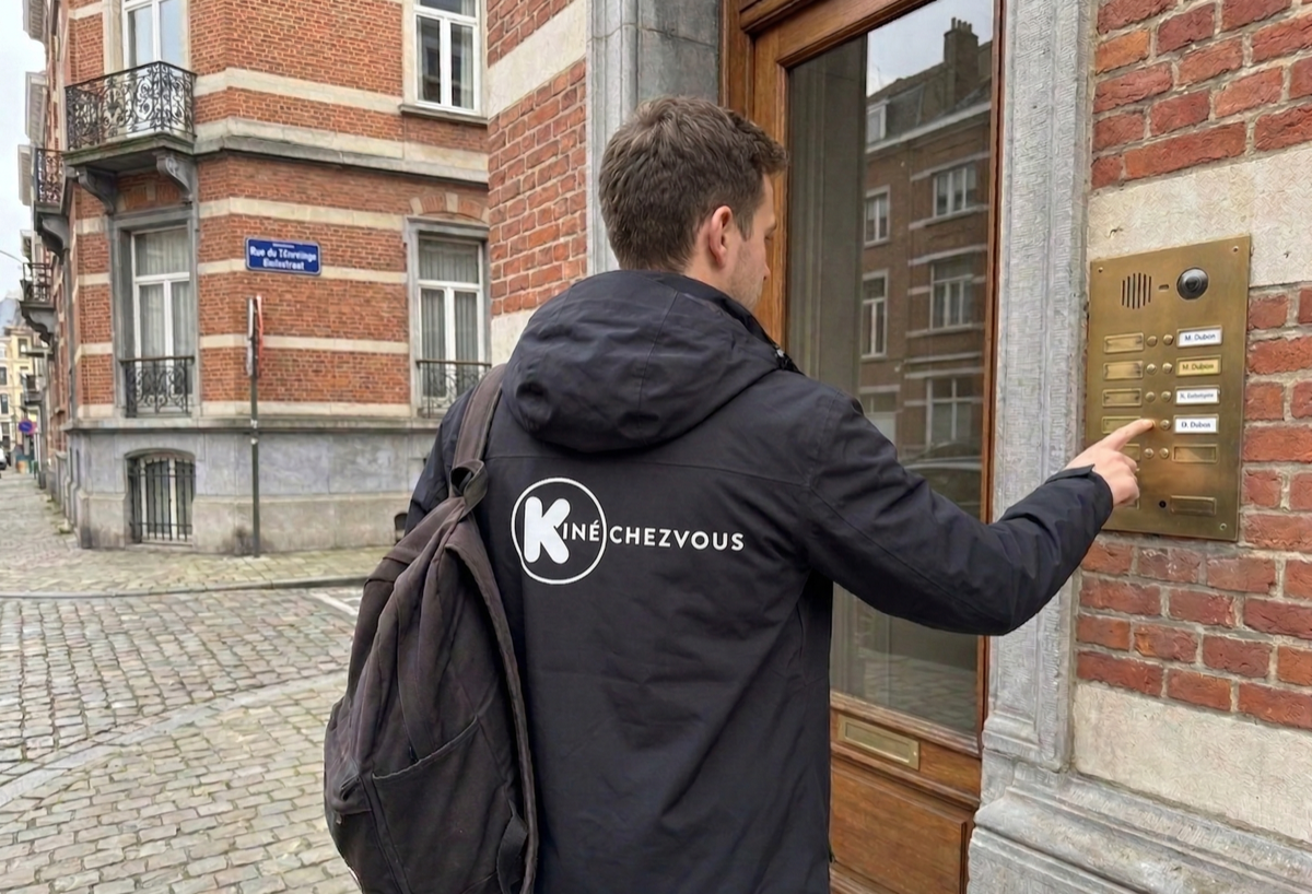 Kinésithérapeute Kinéchezvous sonnant à la porte d'un patient à Bruxelles
